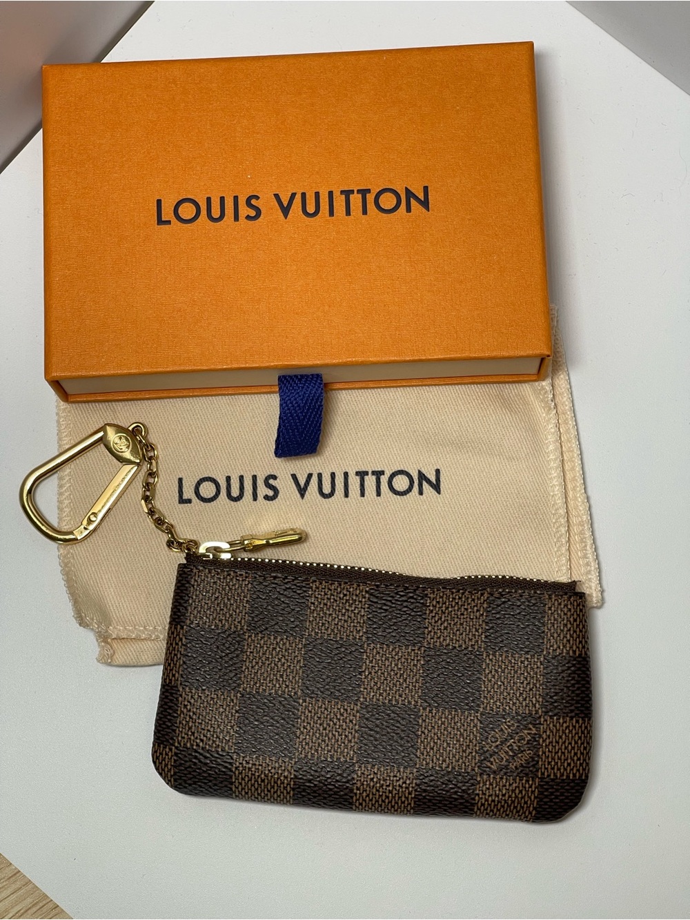 Giftable Louis Vuitton Brown Damier Ebene Key Pouch with Gold Hardware